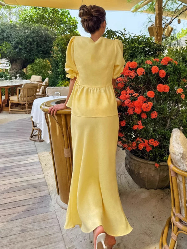 Peplum Top Maxi Skirt Set Women Elegant Two Piece Outfit - Yellow French Tie Front Puff Sleeve - Summer Beach Vacation 2026