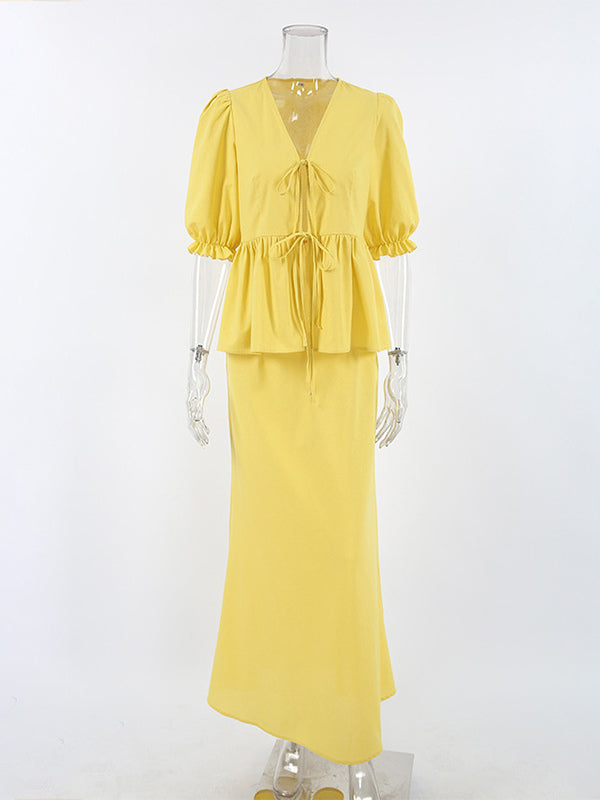 Peplum Top Maxi Skirt Set Women Elegant Two Piece Outfit - Yellow French Tie Front Puff Sleeve - Summer Beach Vacation 2026