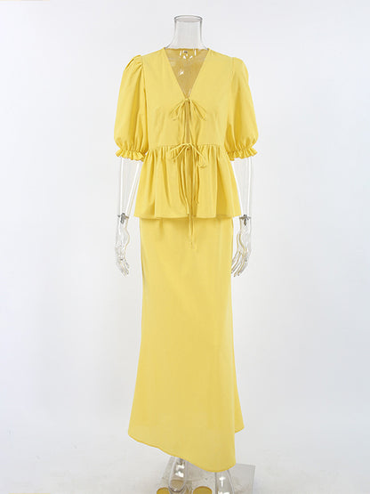 Peplum Top Maxi Skirt Set Women Elegant Two Piece Outfit - Yellow French Tie Front Puff Sleeve - Summer Beach Vacation 2026
