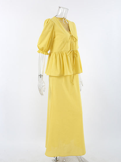 Peplum Top Maxi Skirt Set Women Elegant Two Piece Outfit - Yellow French Tie Front Puff Sleeve - Summer Beach Vacation 2026