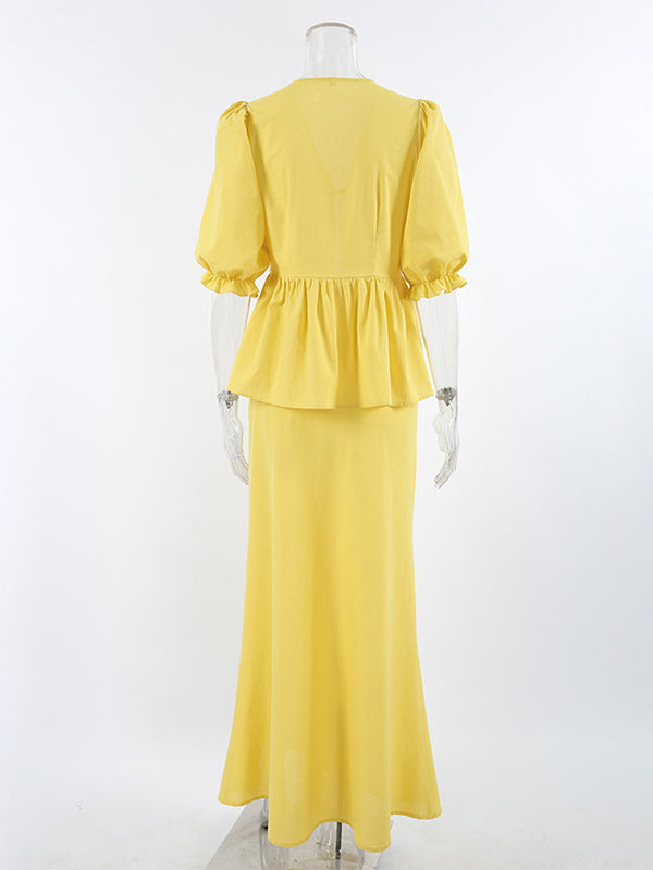 Peplum Top Maxi Skirt Set Women Elegant Two Piece Outfit - Yellow French Tie Front Puff Sleeve - Summer Beach Vacation 2026