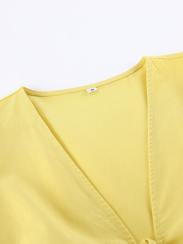 Peplum Top Maxi Skirt Set Women Elegant Two Piece Outfit - Yellow French Tie Front Puff Sleeve - Summer Beach Vacation 2026