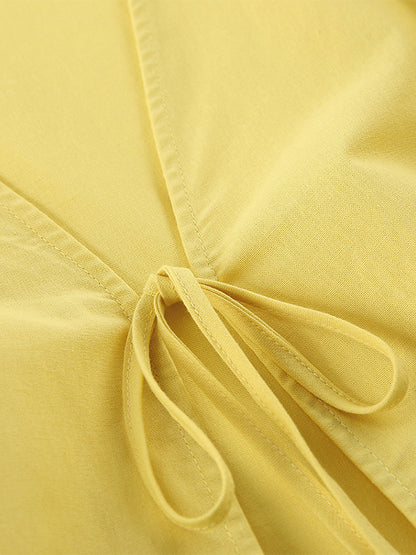 Peplum Top Maxi Skirt Set Women Elegant Two Piece Outfit - Yellow French Tie Front Puff Sleeve - Summer Beach Vacation 2026