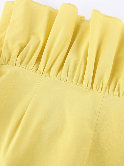 Peplum Top Maxi Skirt Set Women Elegant Two Piece Outfit - Yellow French Tie Front Puff Sleeve - Summer Beach Vacation 2026