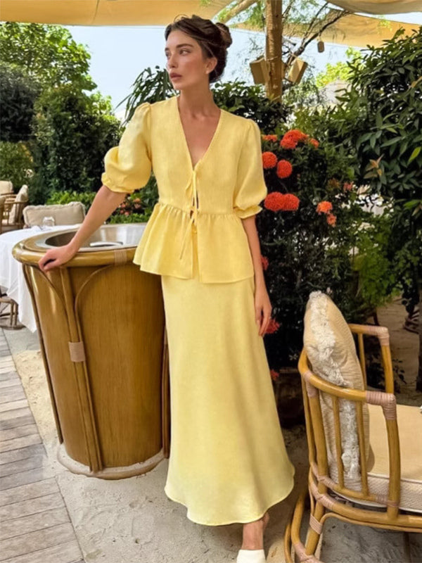 Peplum Top Maxi Skirt Set Women Elegant Two Piece Outfit - Yellow French Tie Front Puff Sleeve - Summer Beach Vacation 2026