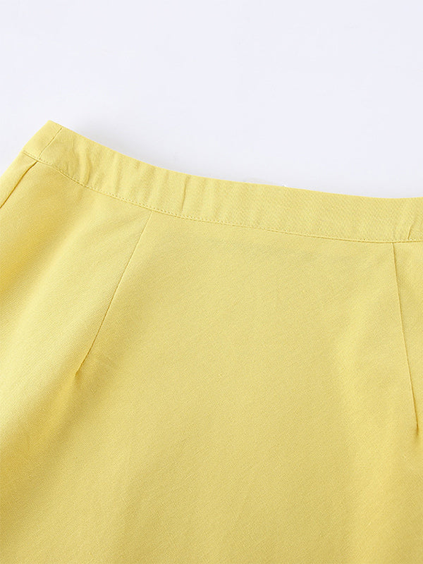 Peplum Top Maxi Skirt Set Women Elegant Two Piece Outfit - Yellow French Tie Front Puff Sleeve - Summer Beach Vacation 2026