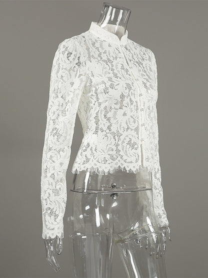 Floral Lace Blouse Women's Elegant Button Up Top - White Stand Collar Slim Fit - Spring Night Party Wear 2026