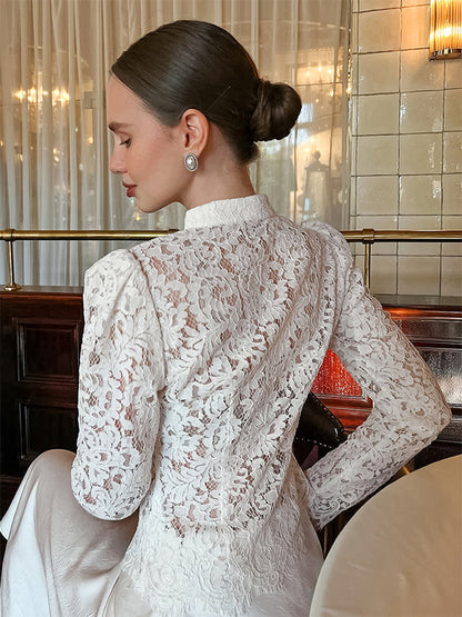 Floral Lace Blouse Women's Elegant Button Up Top - White Stand Collar Slim Fit - Spring Night Party Wear 2026
