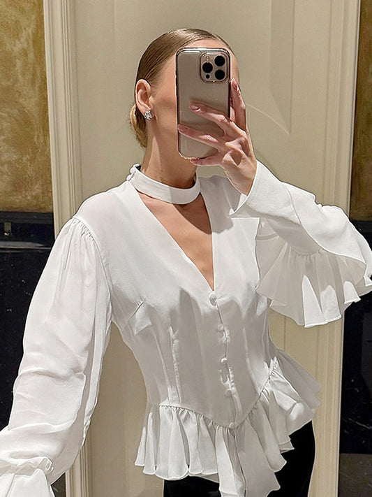 Peplum Blouse Women's Elegant White Top - Halter V Neck Lantern Sleeve Slim Fit - Spring Desk-to-Dinner 2026