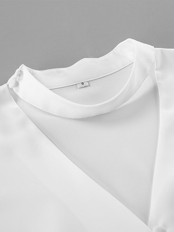Peplum Blouse Women's Elegant White Top - Halter V Neck Lantern Sleeve Slim Fit - Spring Desk-to-Dinner 2026