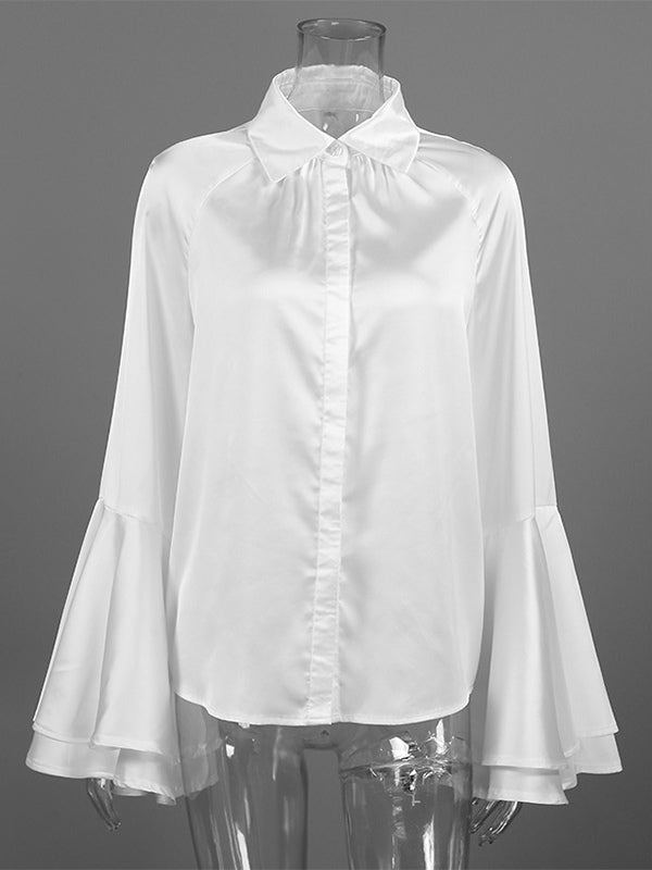 Satin Bell Sleeve Blouse Women Elegant Shirt - White Silk Like Flare Cuff Button Down - Spring Desk-to-Dinner 2026