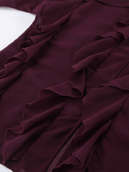 Ruffle Chiffon Blouse Women Chic Sheer Top - Wine Red Retro Victorian Cascading Flare Sleeve - Spring Party Club 2026