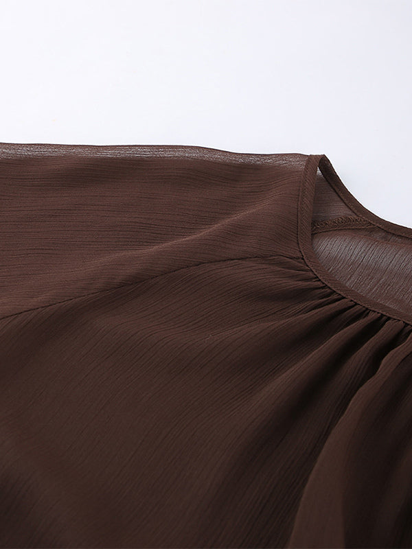Sheer Chiffon Blouse Women's Flare Sleeve Top - Brown Boho Ruffle Tiered Loose Fit - Spring Party Night 2026