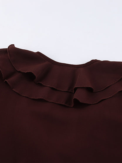 Ruffle Chiffon Blouse For Women - Burgundy Elegant Tie Front Flare Long Sleeve Top - Spring Desk-to-dinner 2026