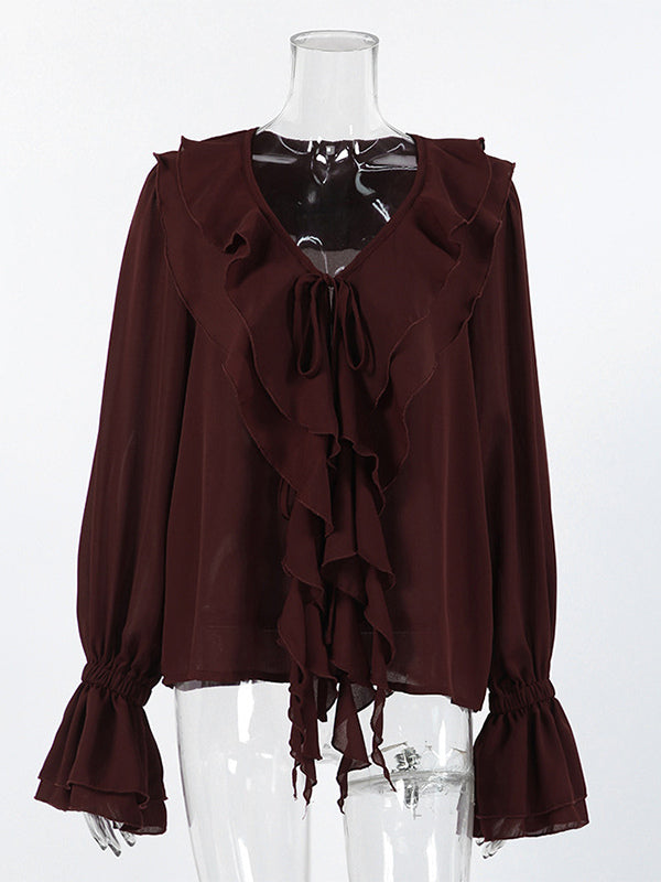 Ruffle Chiffon Blouse For Women - Burgundy Elegant Tie Front Flare Long Sleeve Top - Spring Desk-to-dinner 2026