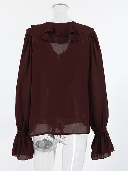Ruffle Chiffon Blouse For Women - Burgundy Elegant Tie Front Flare Long Sleeve Top - Spring Desk-to-dinner 2026
