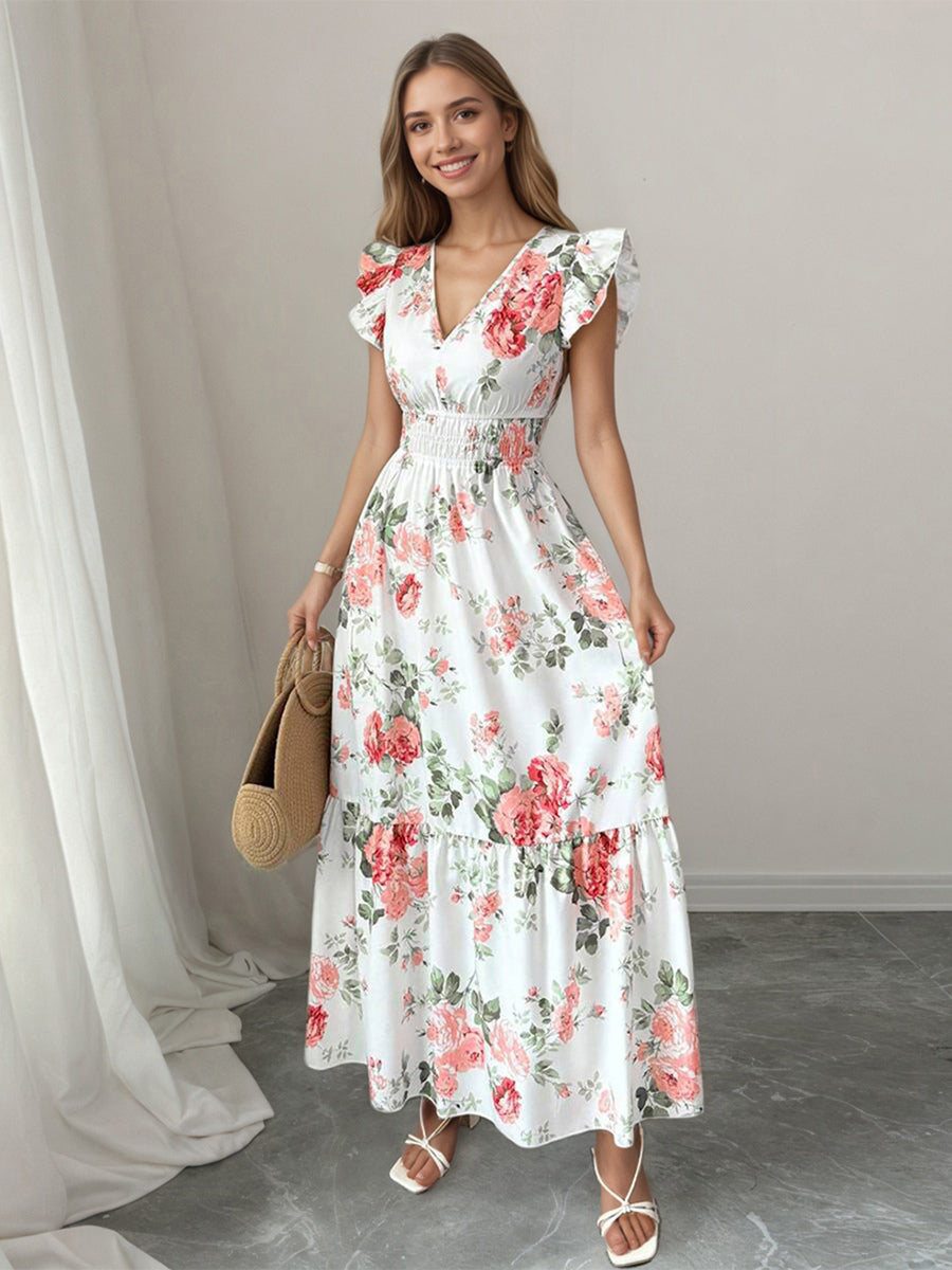 Floral Maxi Dress For Women - Smocked Waist V Neck Tiered Sun Dress - Summer Wedding Guest Party 2026