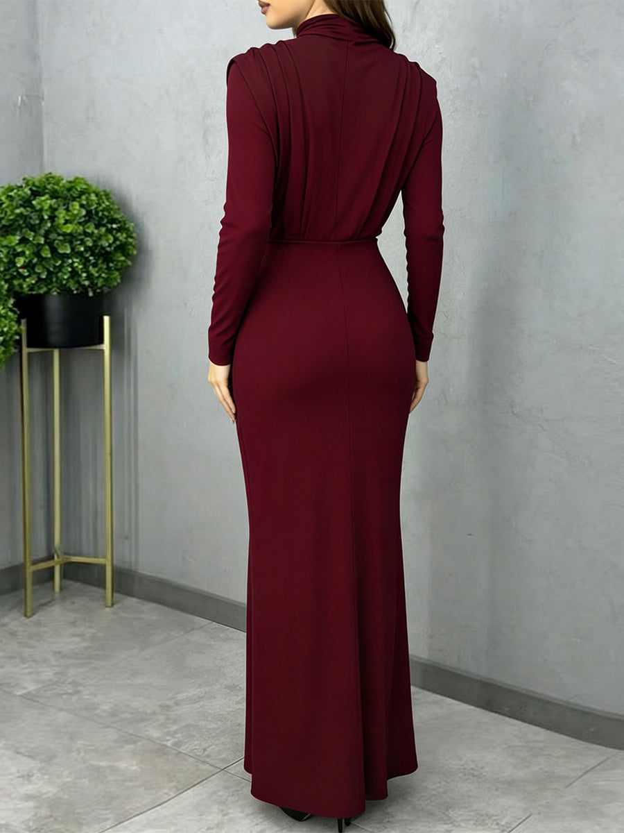Mock Neck Maxi Dress For Women - Back Slit Long Sleeve Gown - Spring Evening Party 2026