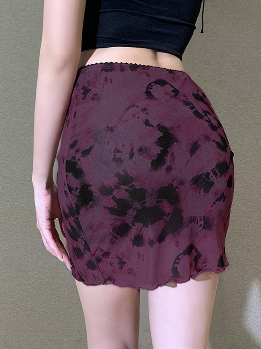 Tie Dye Mesh Mini Skirt For Women - Grunge Y2K Lettuce Hem Bodycon Skirt - Summer Club Festival 2026