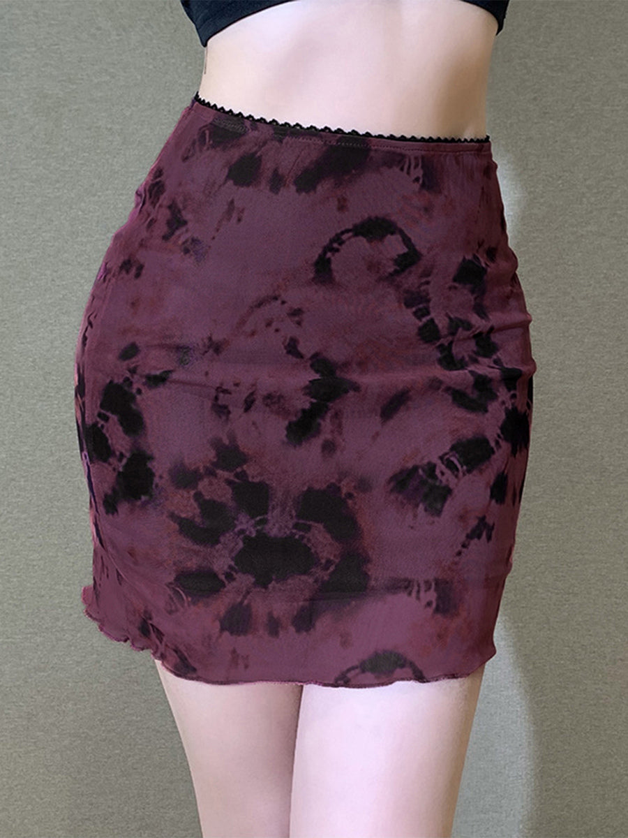 Tie Dye Mesh Mini Skirt For Women - Grunge Y2K Lettuce Hem Bodycon Skirt - Summer Club Festival 2026