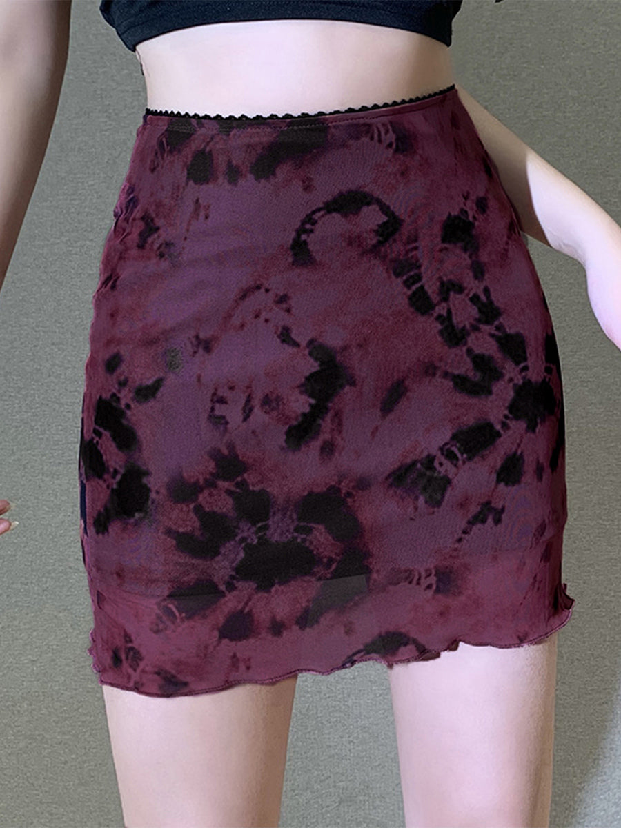 Tie Dye Mesh Mini Skirt For Women - Grunge Y2K Lettuce Hem Bodycon Skirt - Summer Club Festival 2026