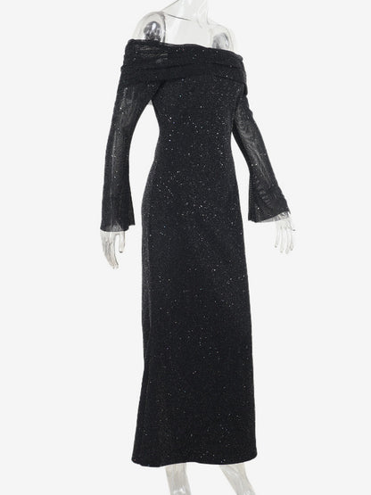Glitter Off Shoulder Maxi Dress For Women - Sparkly Mesh Long Sleeve Mermaid Gown - Spring Gala Evening Party Outfits 2026