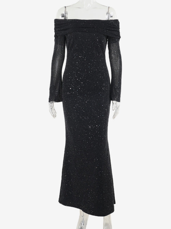 Glitter Off Shoulder Maxi Dress For Women - Sparkly Mesh Long Sleeve Mermaid Gown - Spring Gala Evening Party Outfits 2026