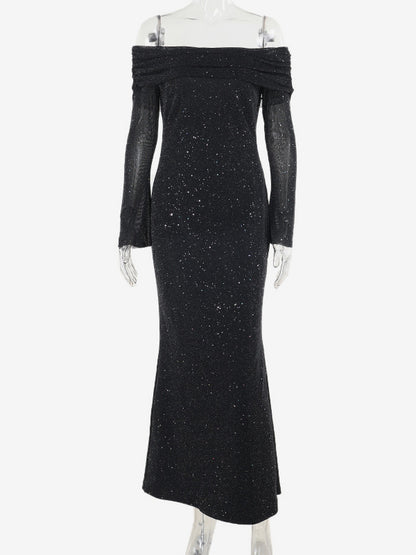 Glitter Off Shoulder Maxi Dress For Women - Sparkly Mesh Long Sleeve Mermaid Gown - Spring Gala Evening Party Outfits 2026