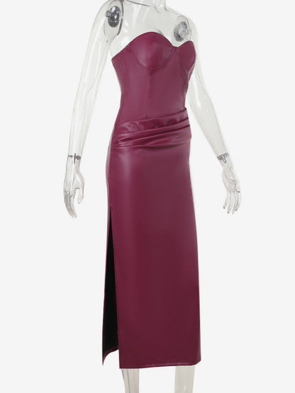 Faux Leather Corset Dress For Women - Wine Red Gothic Lace Up Back Ruched Long Dress - Summer Club Night Outfits 2026