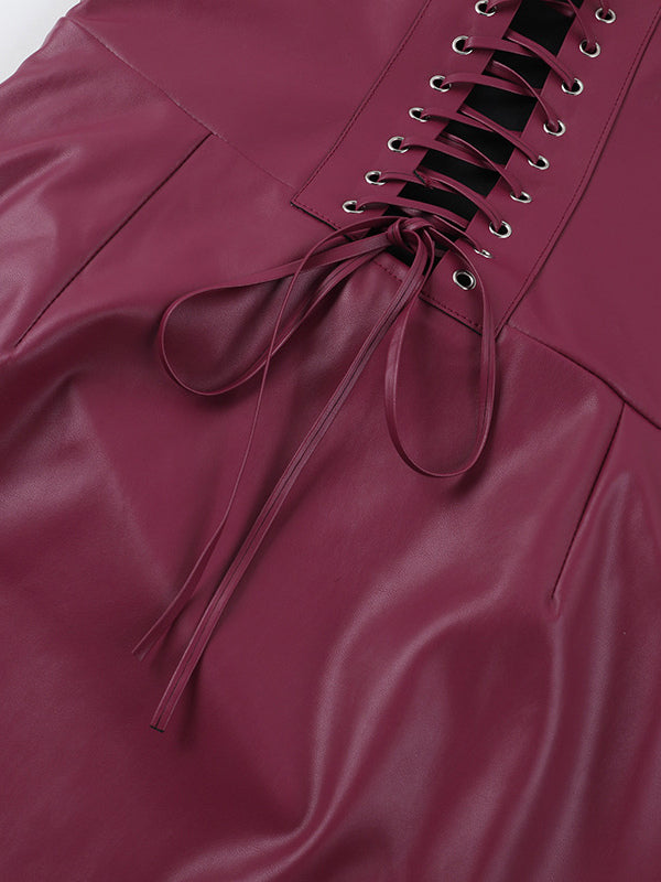 Faux Leather Corset Dress For Women - Wine Red Gothic Lace Up Back Ruched Long Dress - Summer Club Night Outfits 2026