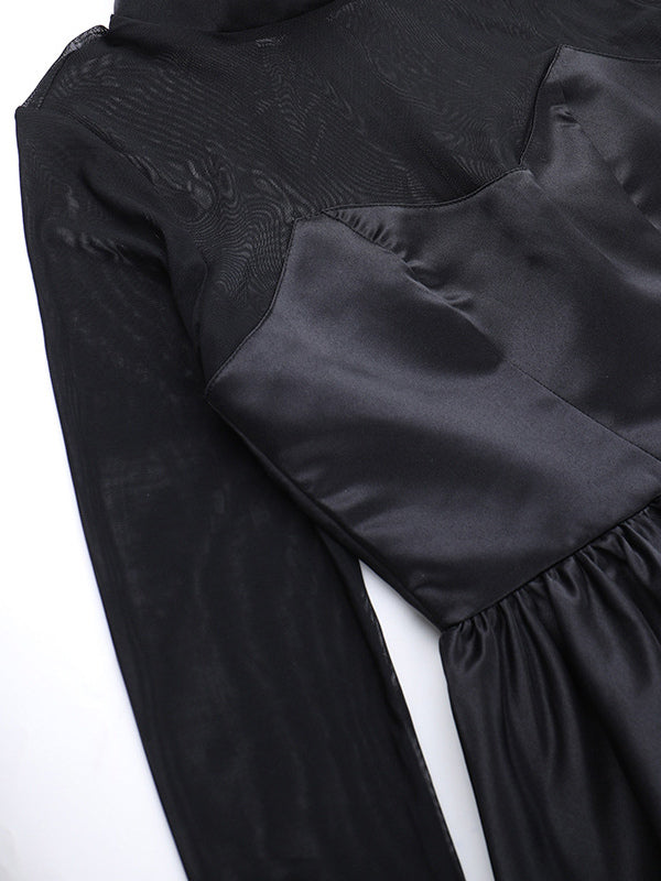 Mesh Sleeve Mini Dress For Women - Black Elegant Mock Neck Puff Skater - Spring Evening Cocktail 2026
