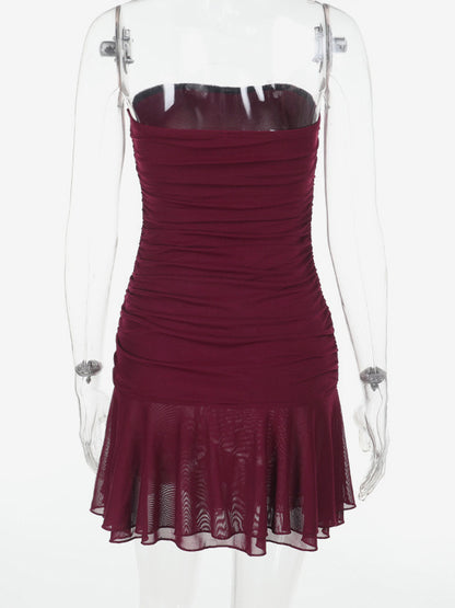 Tube Mini Dress For Women - Ruched Mesh Hem Slit Bodycon Dress - Summer Night Out Clubwear 2026