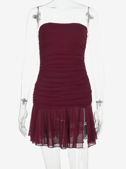 Tube Mini Dress For Women - Ruched Mesh Hem Slit Bodycon Dress - Summer Night Out Clubwear 2026