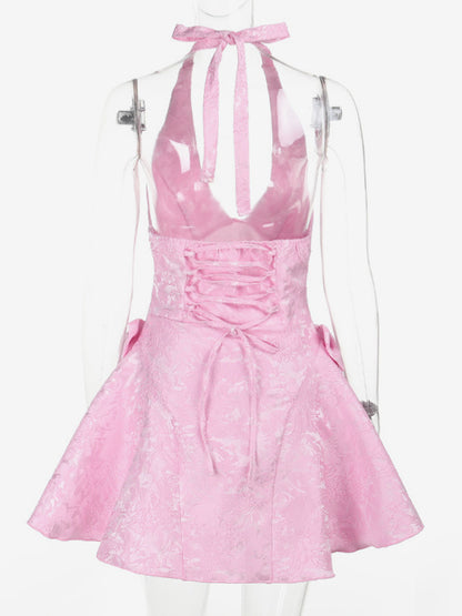 Halter Neck Jacquard Mini Dress For Women - Backless A-line Skater Dress With Big Bows - Summer Birthday Party 2026