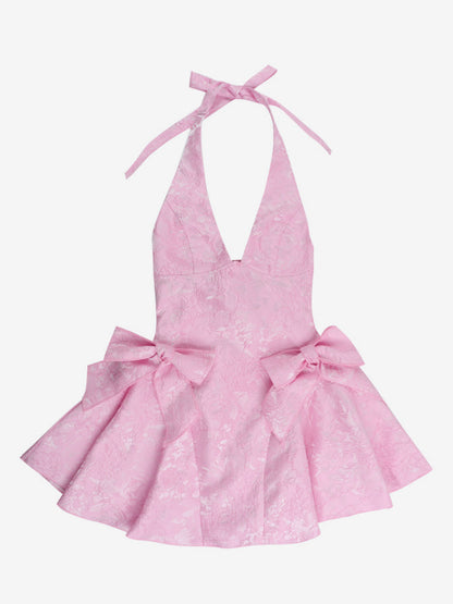 Halter Neck Jacquard Mini Dress For Women - Backless A-line Skater Dress With Big Bows - Summer Birthday Party 2026