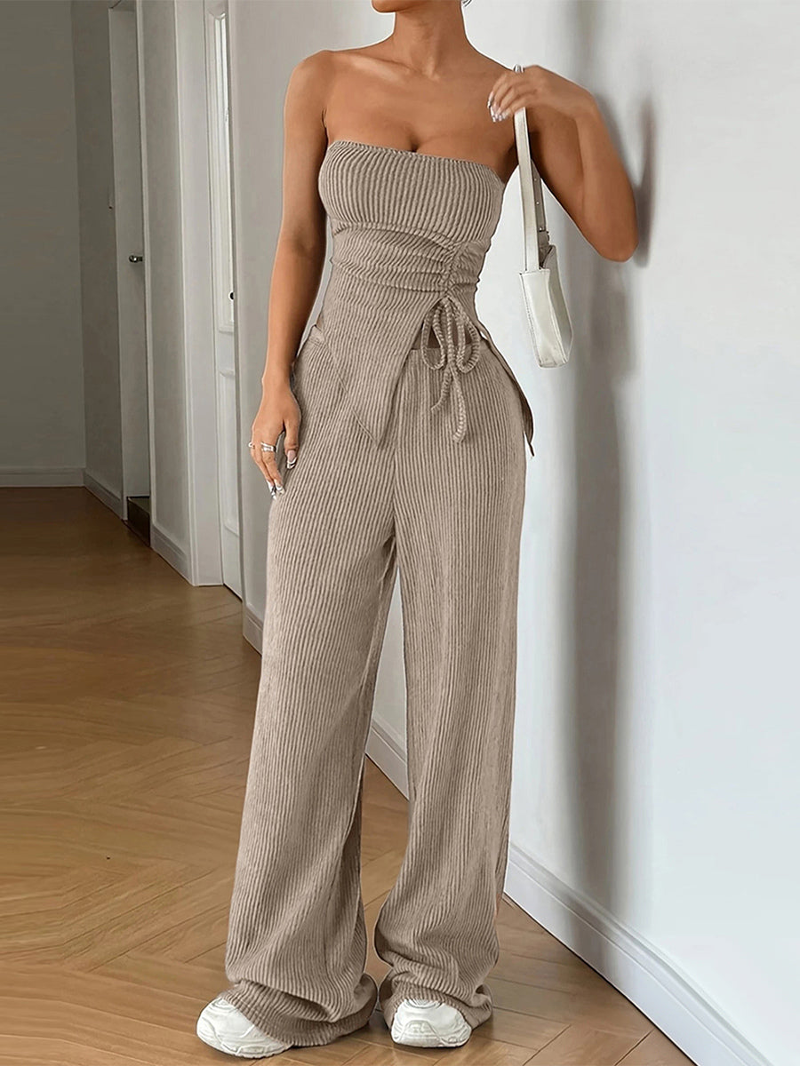 Ribbed Two Piece Set For Women - Khaki Sexy Tube Top And Wide Leg Pant Set - Summer Beach Vacation 2026
