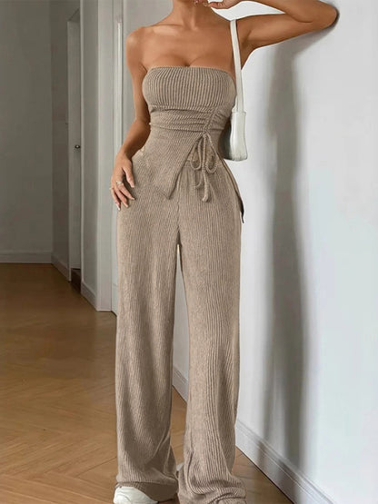 Ribbed Two Piece Set For Women - Khaki Sexy Tube Top And Wide Leg Pant Set - Summer Beach Vacation 2026