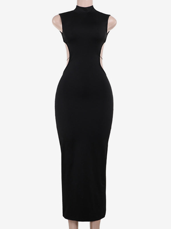 Backless Maxi Dress For Women - Butterfly Detail Mock Neck Black Bodycon Long Dress - Summer Night Out Clubwear 2026