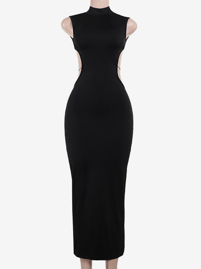 Backless Maxi Dress For Women - Butterfly Detail Mock Neck Black Bodycon Long Dress - Summer Night Out Clubwear 2026