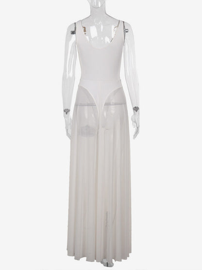 Sheer Maxi Dress For Women - Sexy V-neck Mesh Patchwork Bodysuit Flowy Gown - Summer Beach Club 2026