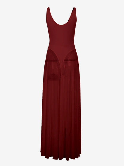 Sheer Maxi Dress For Women - Sexy V-neck Mesh Patchwork Bodysuit Flowy Gown - Summer Beach Club 2026