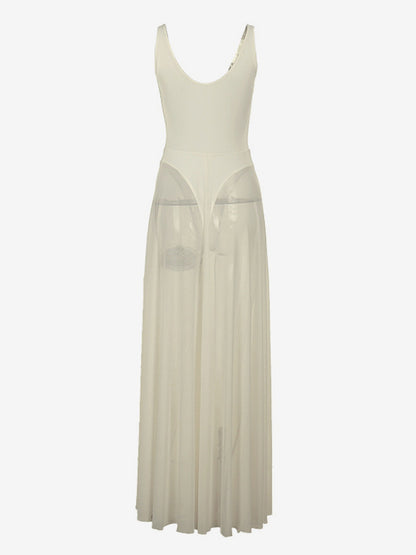 Sheer Maxi Dress For Women - Sexy V-neck Mesh Patchwork Bodysuit Flowy Gown - Summer Beach Club 2026
