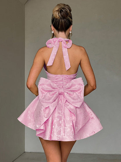 Jacquard Coquette Mini Dress For Women - Halter Neck Lace Up Big Bow Back Skater - Summer Birthday Party Outfits 2026
