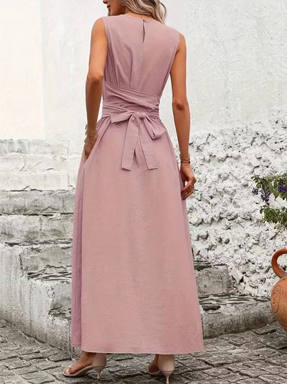 Sleeveless Tie Waist Maxi Dress For Women - Casual Solid Color A Line Sun Dress With Pockets - Summer Beach Vacation 2026