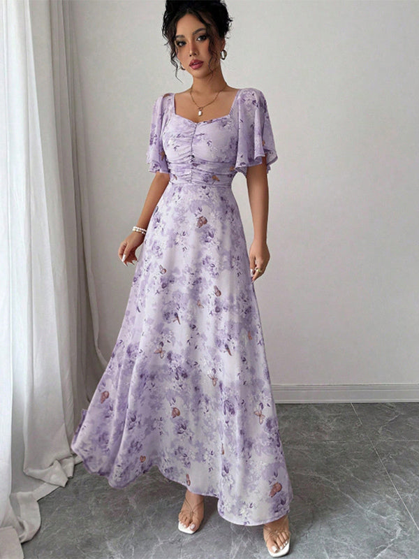 Butterfly Print Women's Chiffon Maxi Dress - Ruched Bust Flutter Sleeve Date Night Dress - Summer Garden Wedding Guest 2026