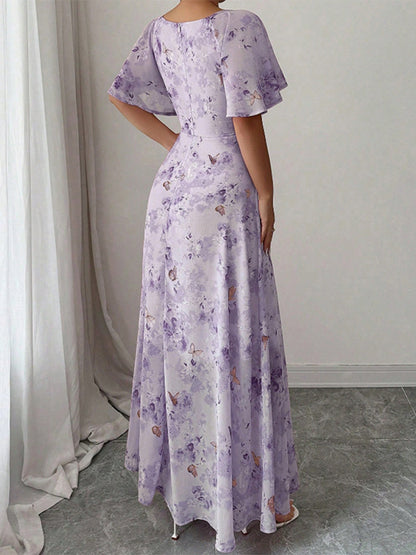 Butterfly Print Women's Chiffon Maxi Dress - Ruched Bust Flutter Sleeve Date Night Dress - Summer Garden Wedding Guest 2026