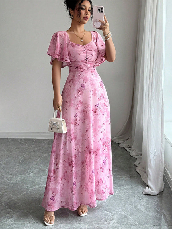 Butterfly Print Women's Chiffon Maxi Dress - Ruched Bust Flutter Sleeve Date Night Dress - Summer Garden Wedding Guest 2026