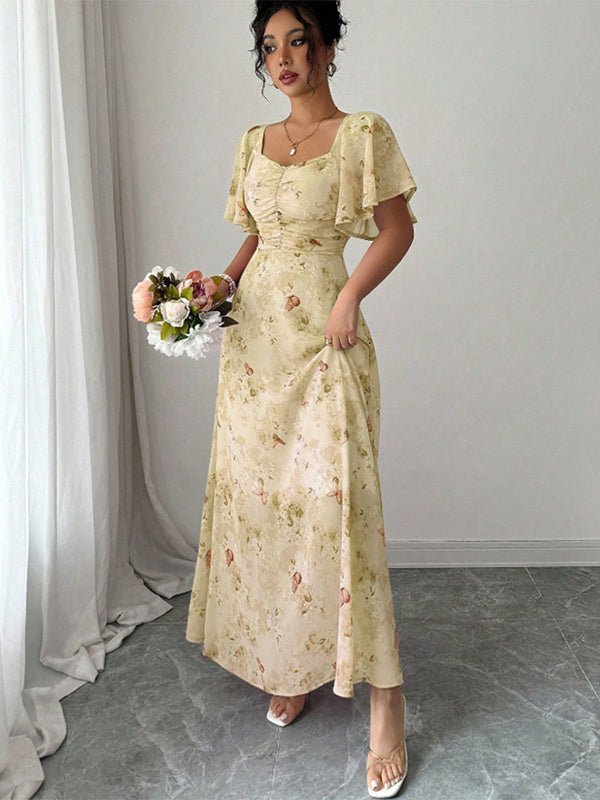 Butterfly Print Women's Chiffon Maxi Dress - Ruched Bust Flutter Sleeve Date Night Dress - Summer Garden Wedding Guest 2026