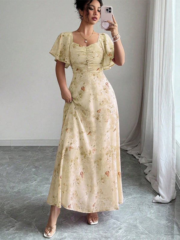 Butterfly Print Women's Chiffon Maxi Dress - Ruched Bust Flutter Sleeve Date Night Dress - Summer Garden Wedding Guest 2026