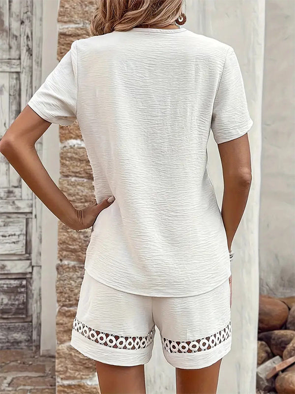 Eyelet Lace Women 2 Piece Set - Solid Color V Neck Top & Shorts Co-ord - Summer Casual Holiday 2026